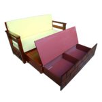 Teakwood Sofa Cum Bed - Top View with cushion - Drawer open left side
