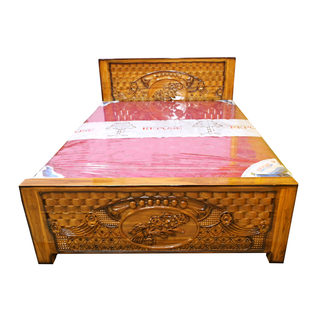 Grand Nigerian Teakwood Cot - Top View With Bed